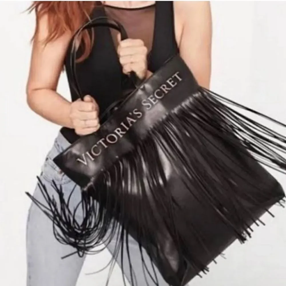 Victorias Secret Boho Fringe Limited Edition Black Faux Leather Large Tote Bag